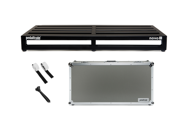 Front of Pedaltrain Novo 32 with Rolling Tour Case and accessories.
