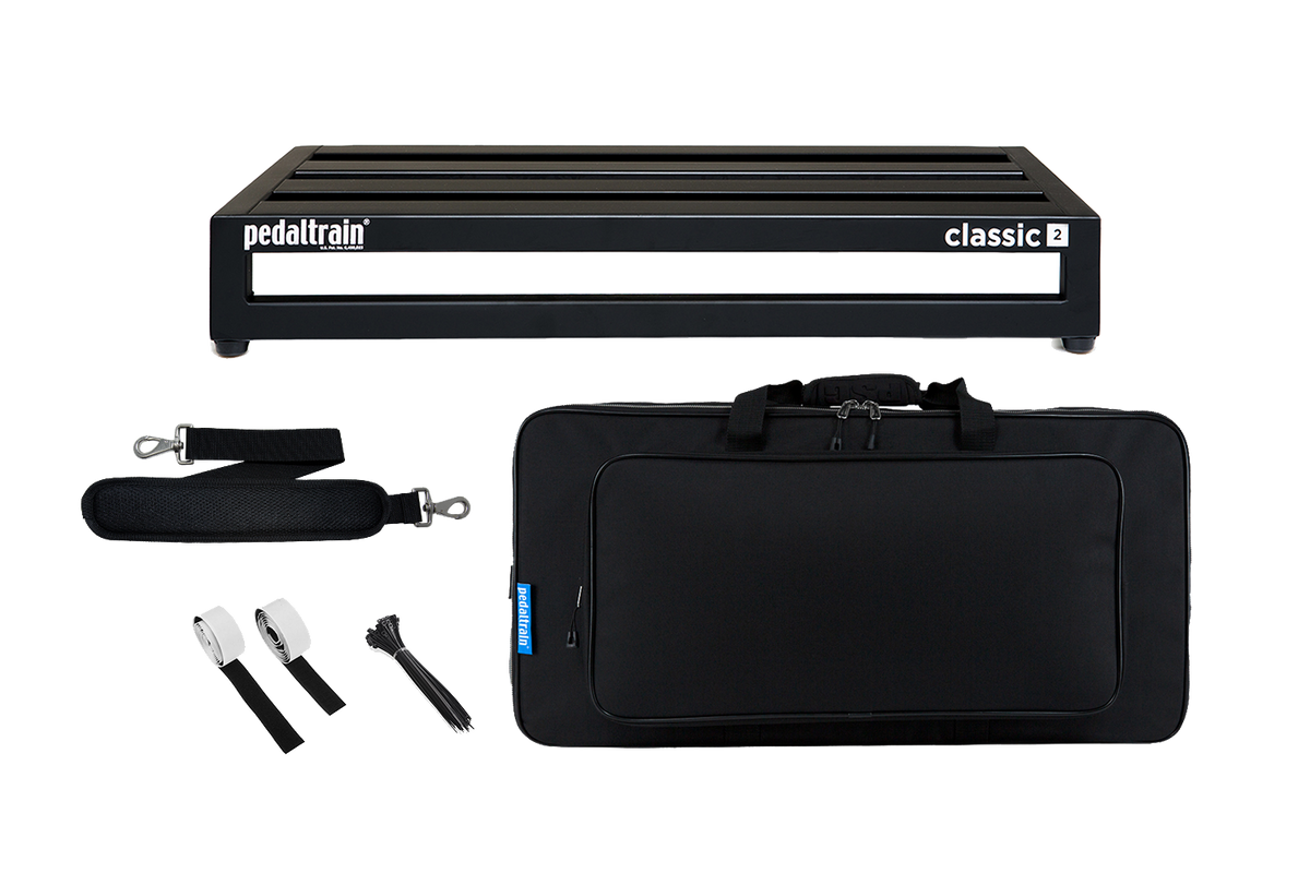 Front of Pedaltrain Classic 2 with Deluxe Soft Case and accessories.