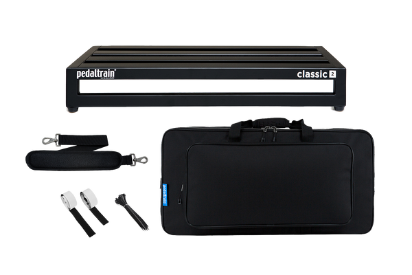 Front of Pedaltrain Classic 2 with Deluxe Soft Case and accessories.