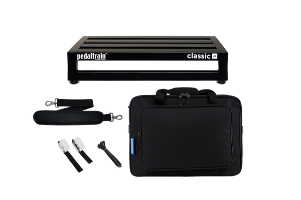 Front of Pedaltrain Classic Jr with deluxe Soft Case and accessories.