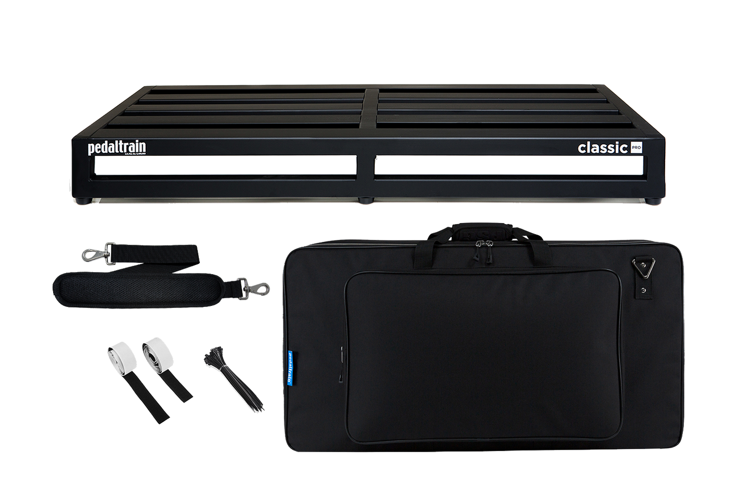 Front of Pedaltrain Classic Pro with Deluxe Soft Case and accessories.