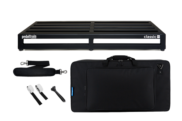 Front of Pedaltrain Classic Pro with Deluxe Soft Case and accessories.