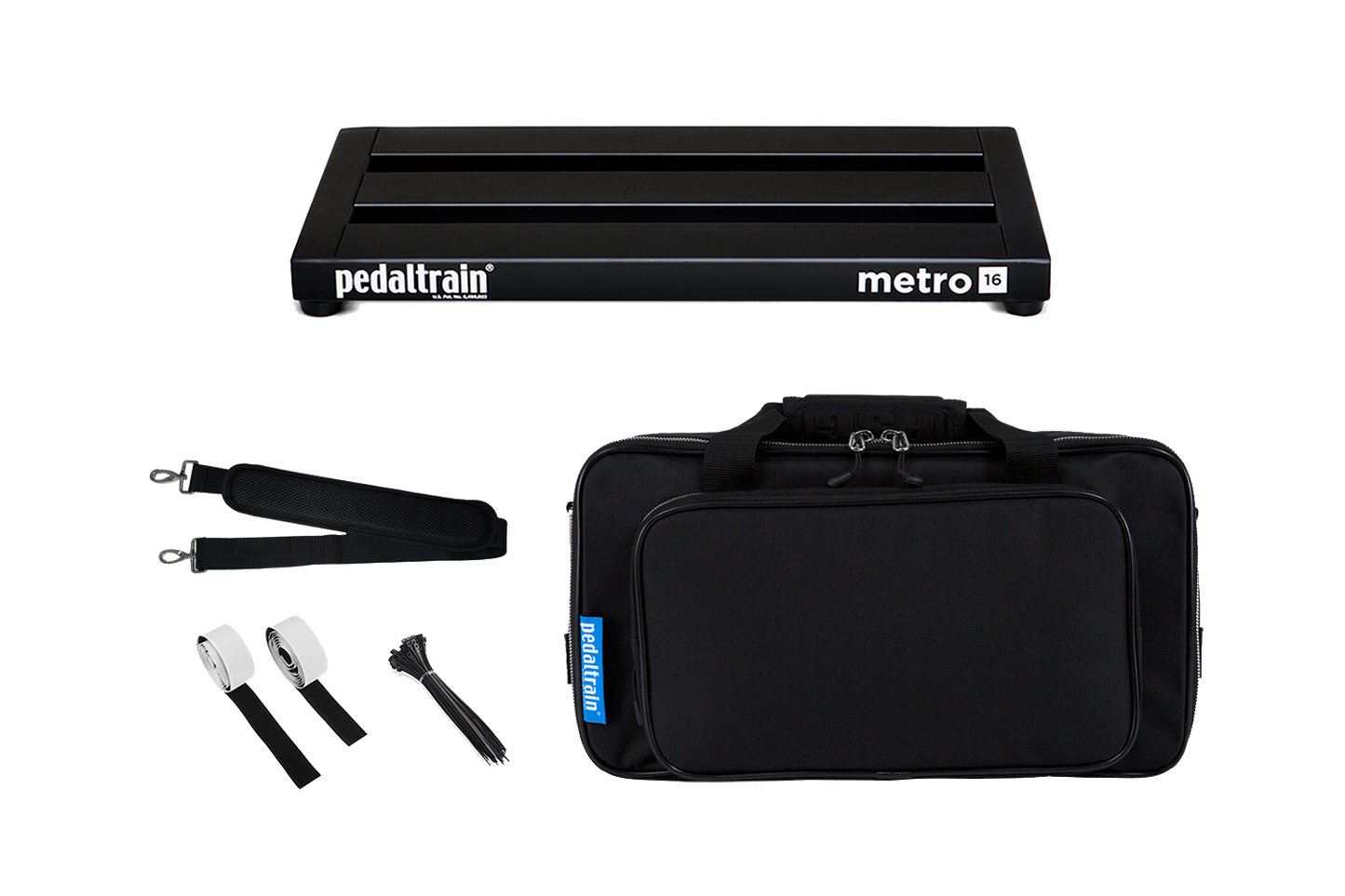 Front of Pedaltrain Metro 16 with its deluxe soft case and accessories.