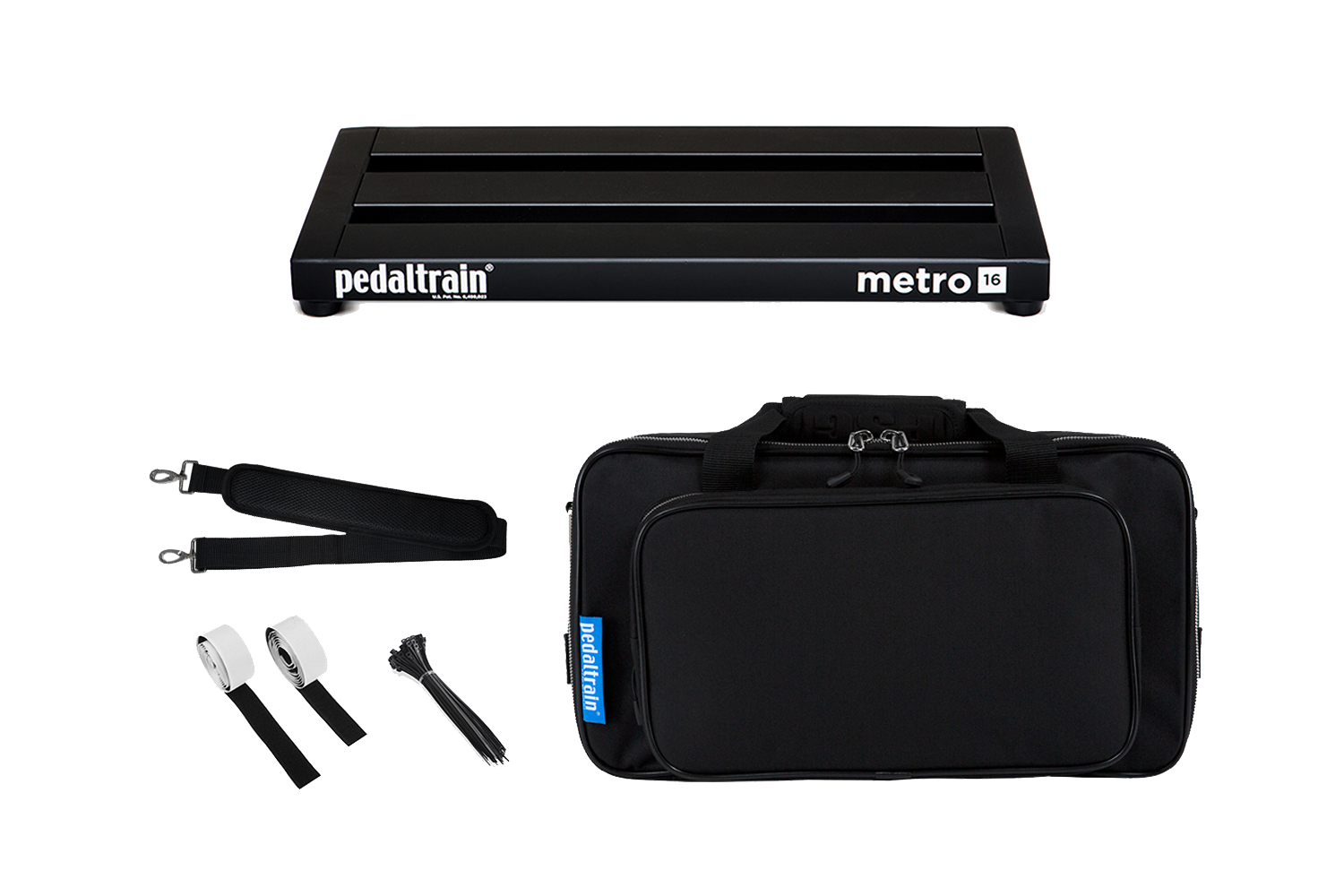 Front of Pedaltrain Metro 16 with its deluxe soft case and accessories.