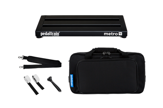 Front of Pedaltrain Metro 16 with its deluxe soft case and accessories.