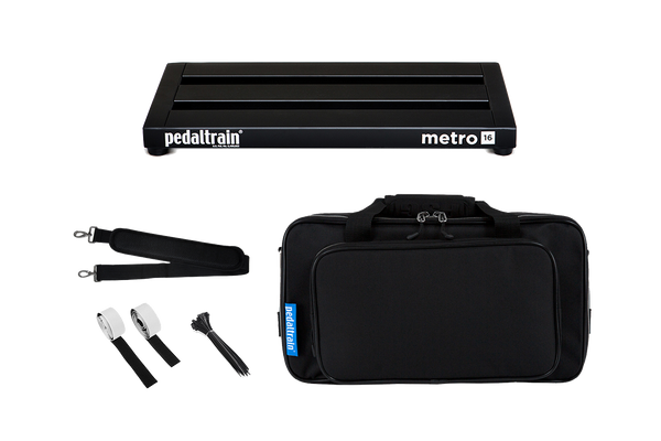 Front of Pedaltrain Metro 16 with its deluxe soft case and accessories.
