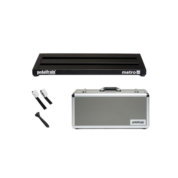 Front of Pedaltrain Metro 20 with Hard Case and accessories.