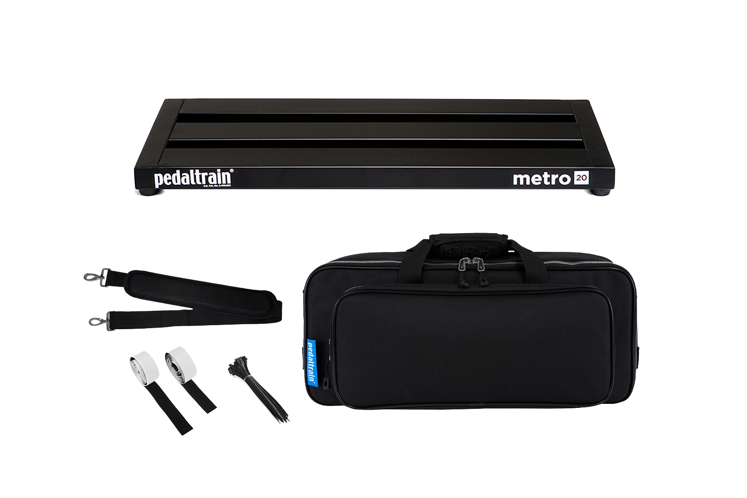 Front of Pedaltrain Metro 20 with its deluxe soft case and accessories.