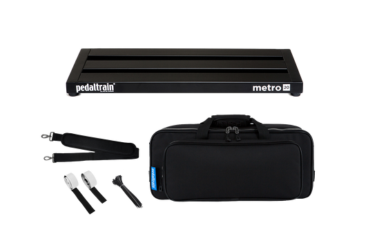 Front of Pedaltrain Metro 20 with its deluxe soft case and accessories.