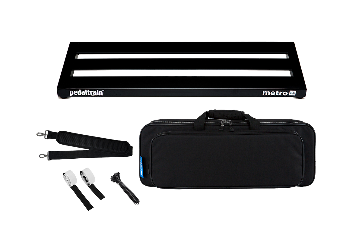 Front of Pedaltrain Metro 24 with deluxe soft case and accessories.