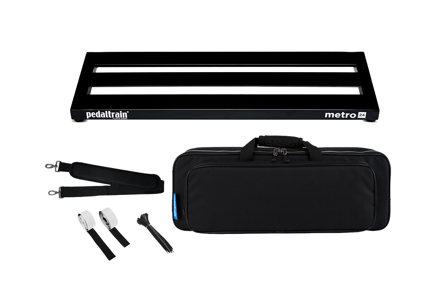 Front of Pedaltrain Metro 24 with deluxe soft case and accessories.