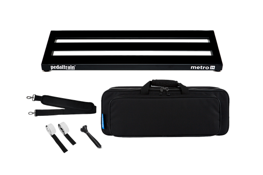 Front of Pedaltrain Metro 24 with deluxe soft case and accessories.