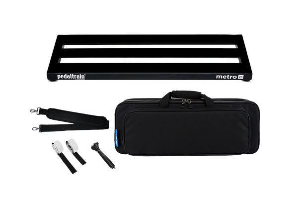 Front of Pedaltrain Metro 24 with deluxe soft case and accessories.
