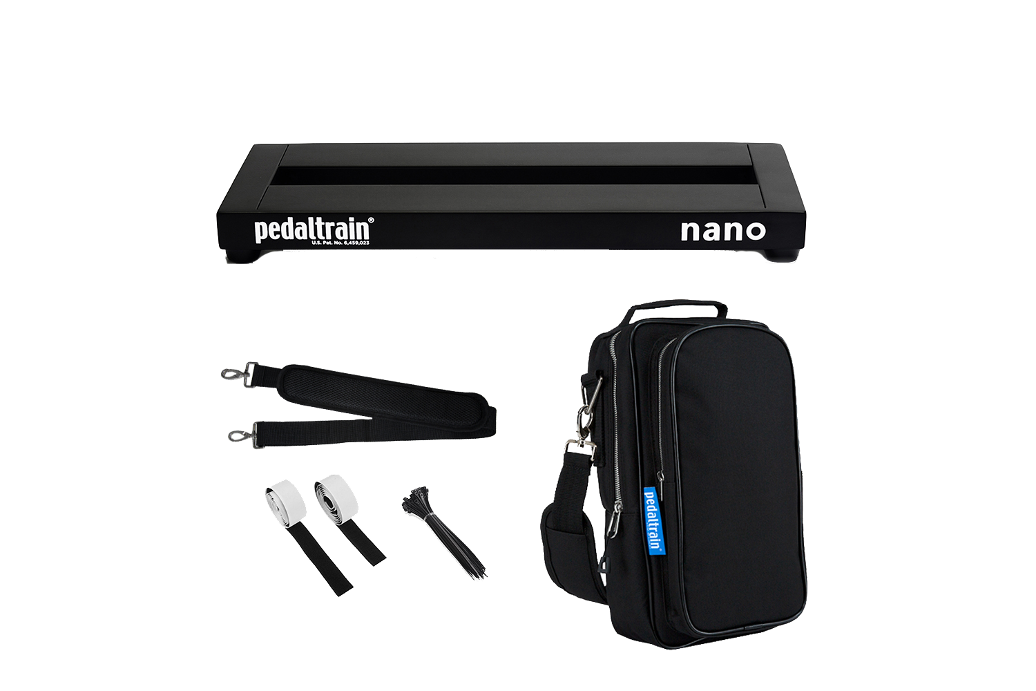 Front of Pedaltrain Nano in Deluxe Soft Case with accessories.