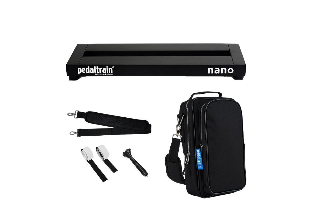 Front of Pedaltrain Nano in Deluxe Soft Case with accessories.
