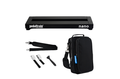 Front of Pedaltrain Nano in Deluxe Soft Case with accessories.