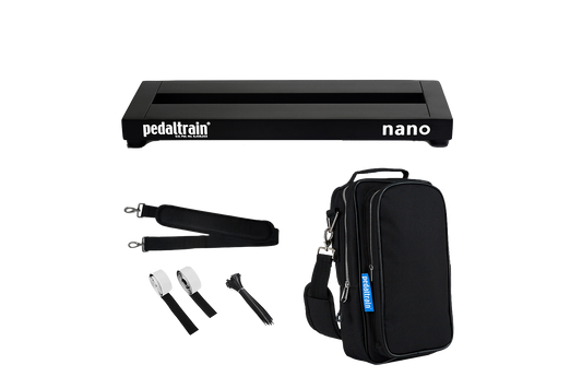 Front of Pedaltrain Nano in Deluxe Soft Case with accessories.