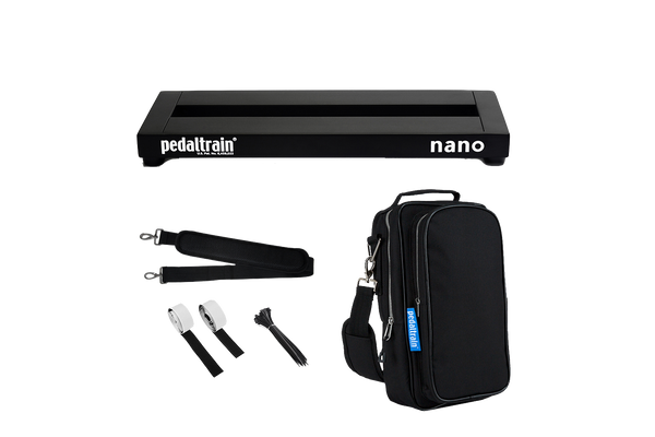Front of Pedaltrain Nano in Deluxe Soft Case with accessories.