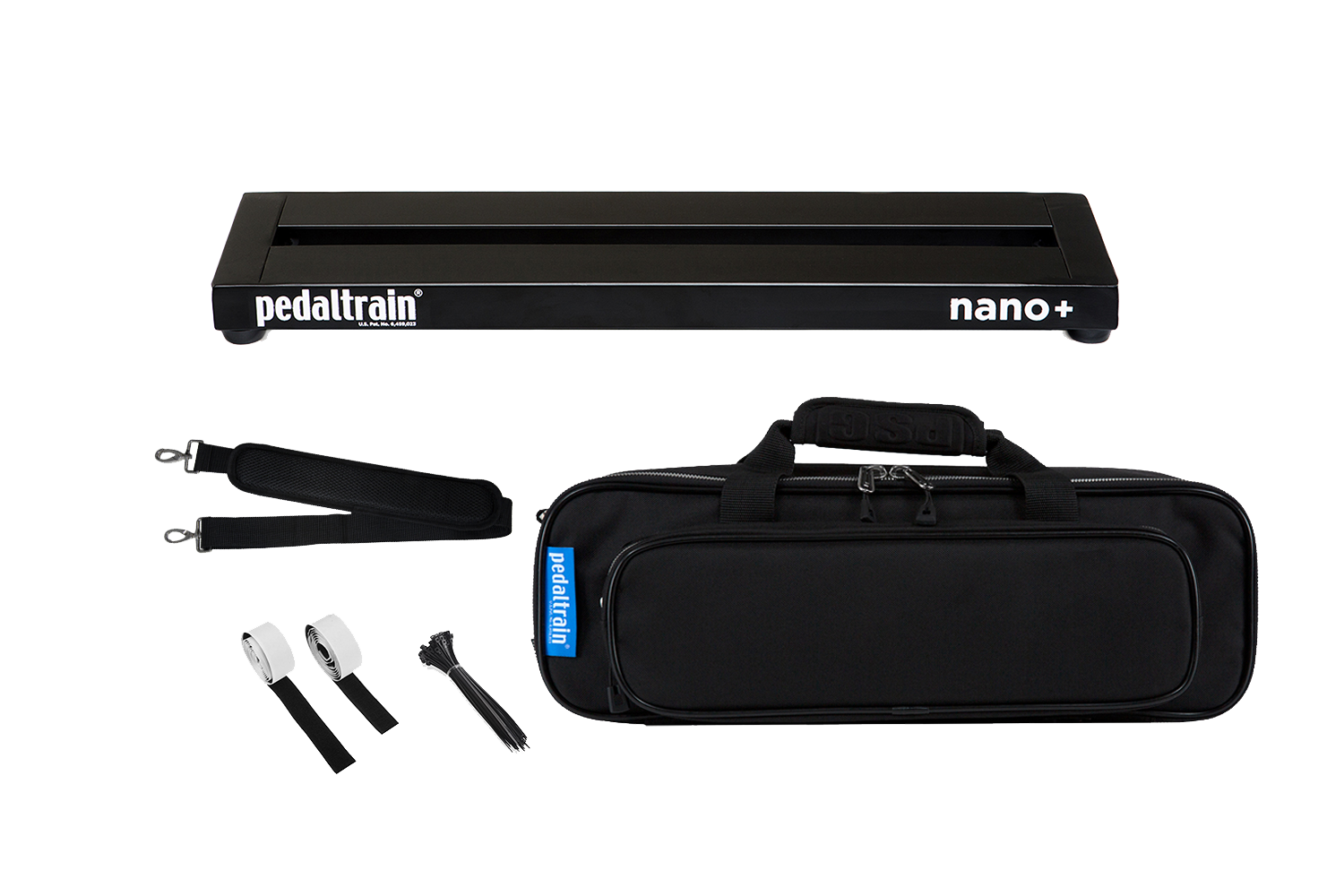 Front of Pedaltrain Nano+ in Deluxe Soft Case with accessories.