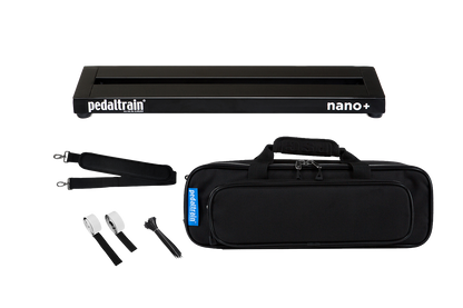 Front of Pedaltrain Nano+ in Deluxe Soft Case with accessories.