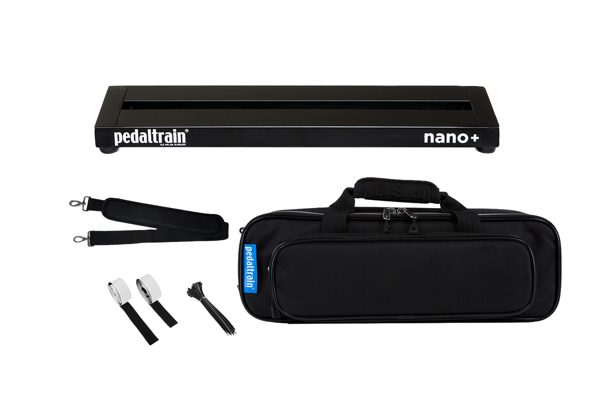 Front of Pedaltrain Nano+ in Deluxe Soft Case with accessories.
