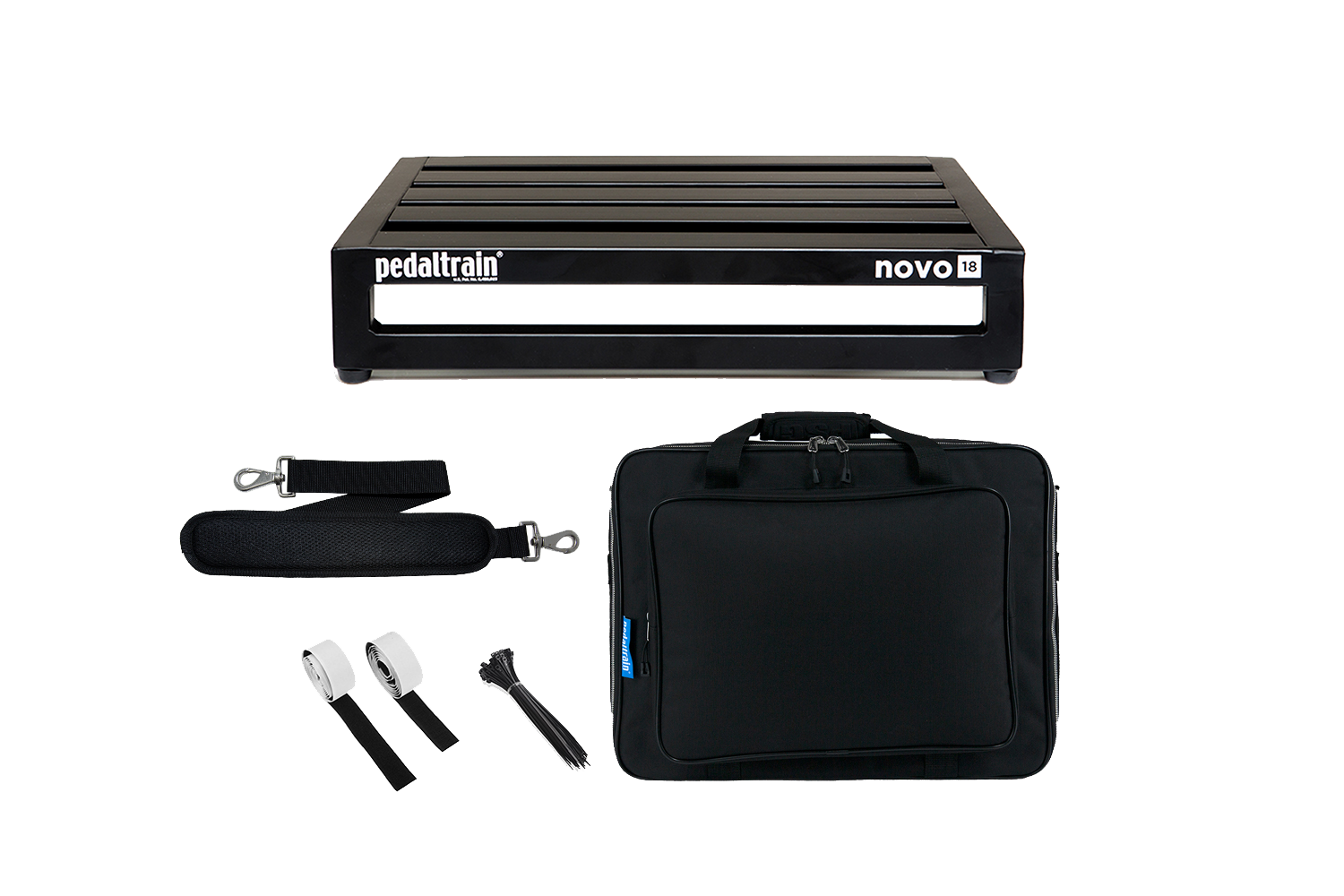 Front of Pedaltrain Novo 18 with Deluxe Soft Case and accessories.