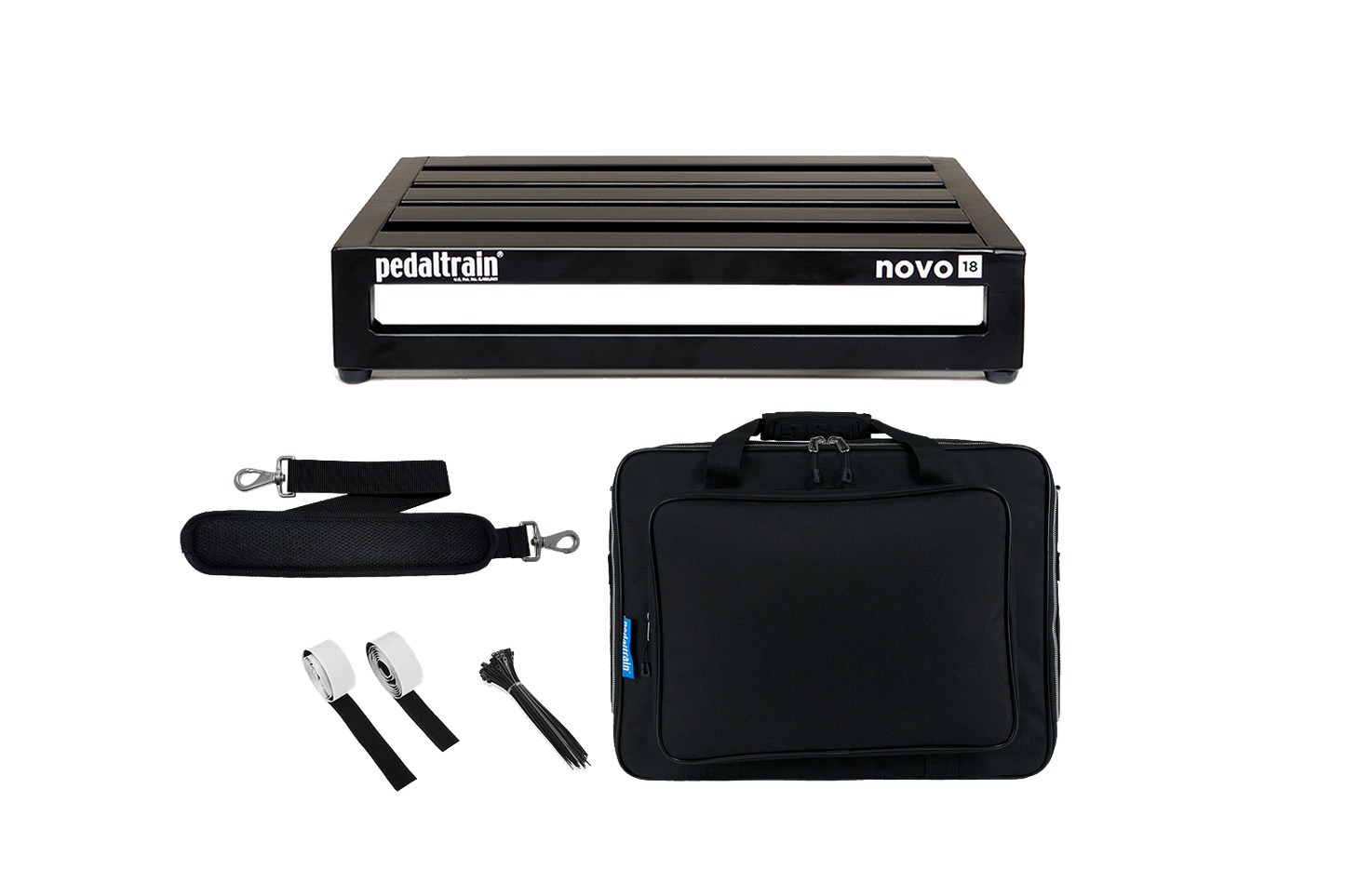 Front of Pedaltrain Novo 18 with Deluxe Soft Case and accessories.