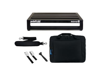 Front of Pedaltrain Novo 18 with Deluxe Soft Case and accessories.