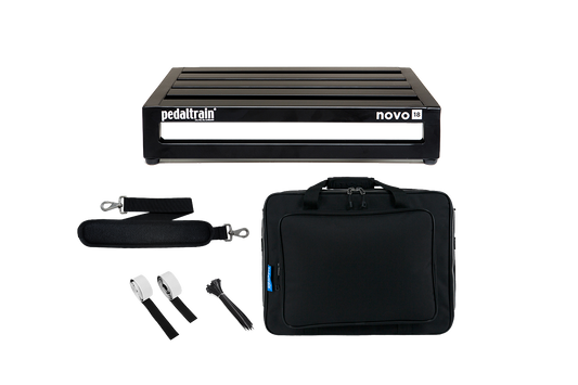 Front of Pedaltrain Novo 18 with Deluxe Soft Case and accessories.