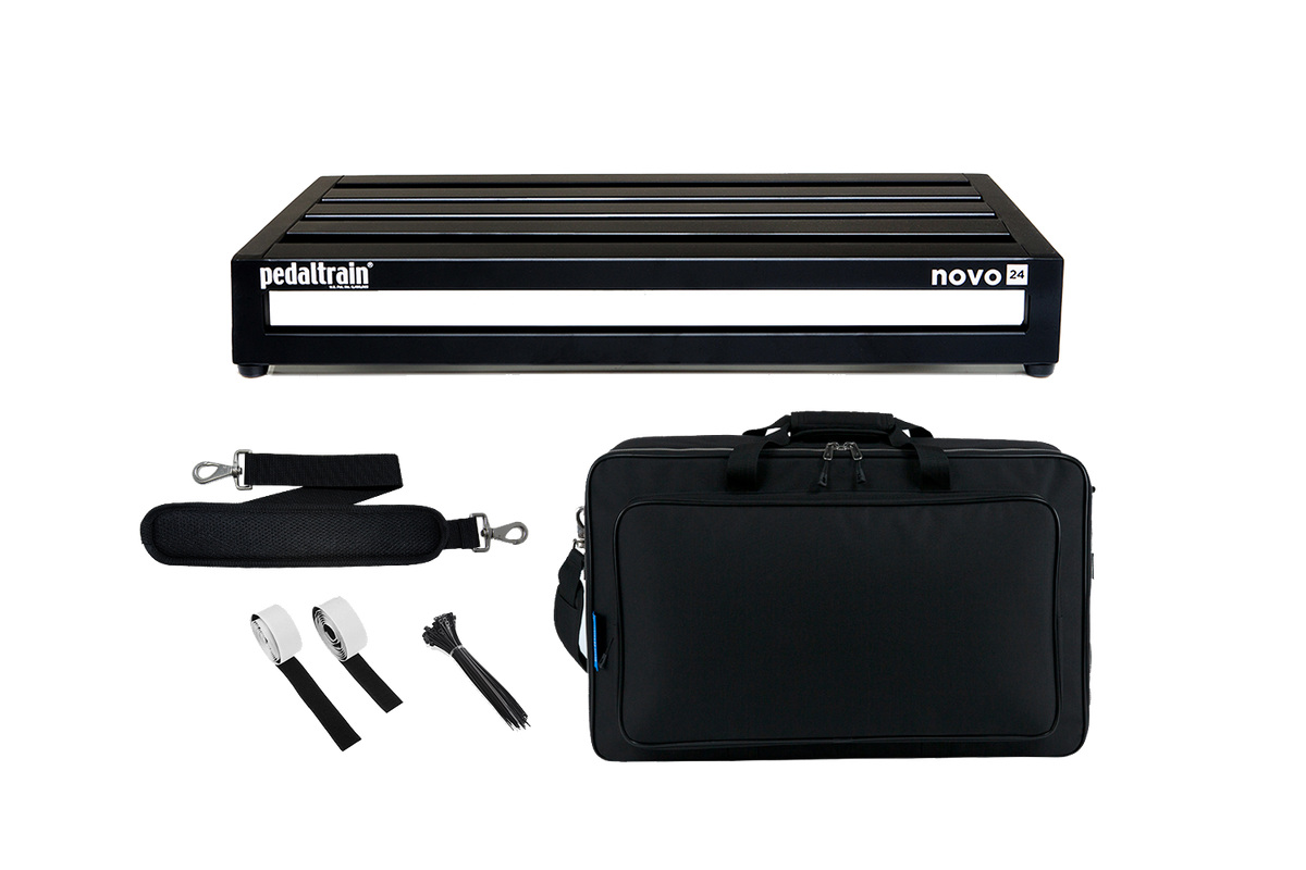 Front of Pedaltrain Novo 24 with Deluxe Soft Case and accessories.