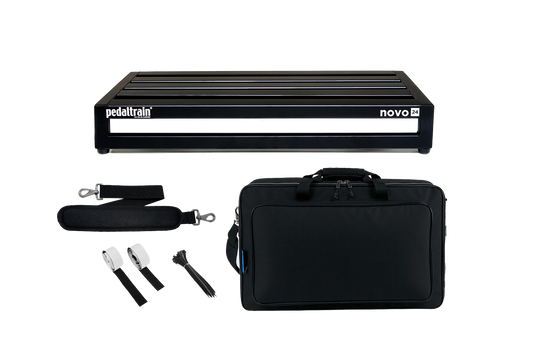 Front of Pedaltrain Novo 24 with Deluxe Soft Case and accessories.