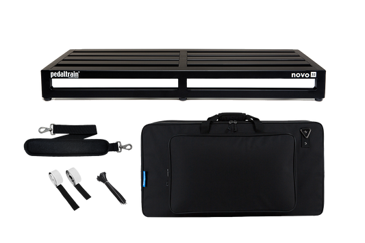 Front of Pedaltrain Novo 32 with Deluxe Soft Case and accessories.