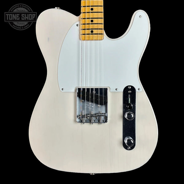 Front of Fender Custom Shop Vintage Custom 1950 Pine Esquire Time Capsule Aged White Blonde.