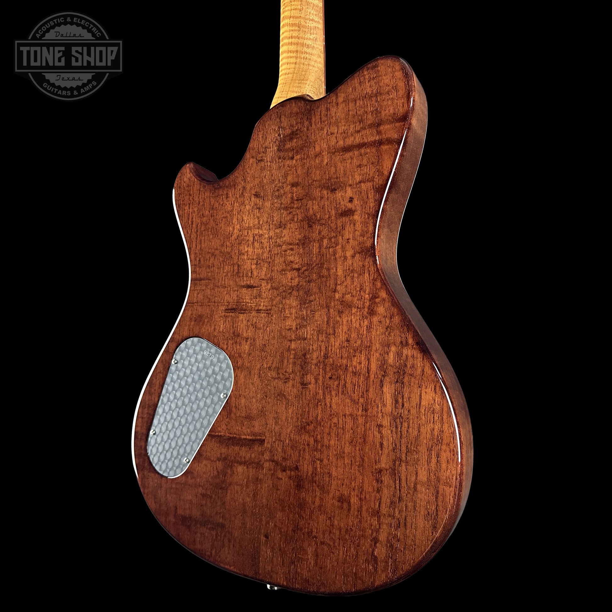 Back right angle of Powers Electric A-Type Pearl White FF42 Anodized Camtail Matching Headstock B279.