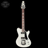 Full frontal of Powers Electric A-Type Pearl White FF42 Anodized Camtail Matching Headstock B279.