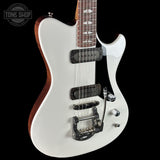 Front left angle of Powers Electric A-Type Pearl White FF42 Anodized Camtail Matching Headstock B279.