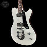 Front right angle of Powers Electric A-Type Pearl White FF42 Anodized Camtail Matching Headstock B279.
