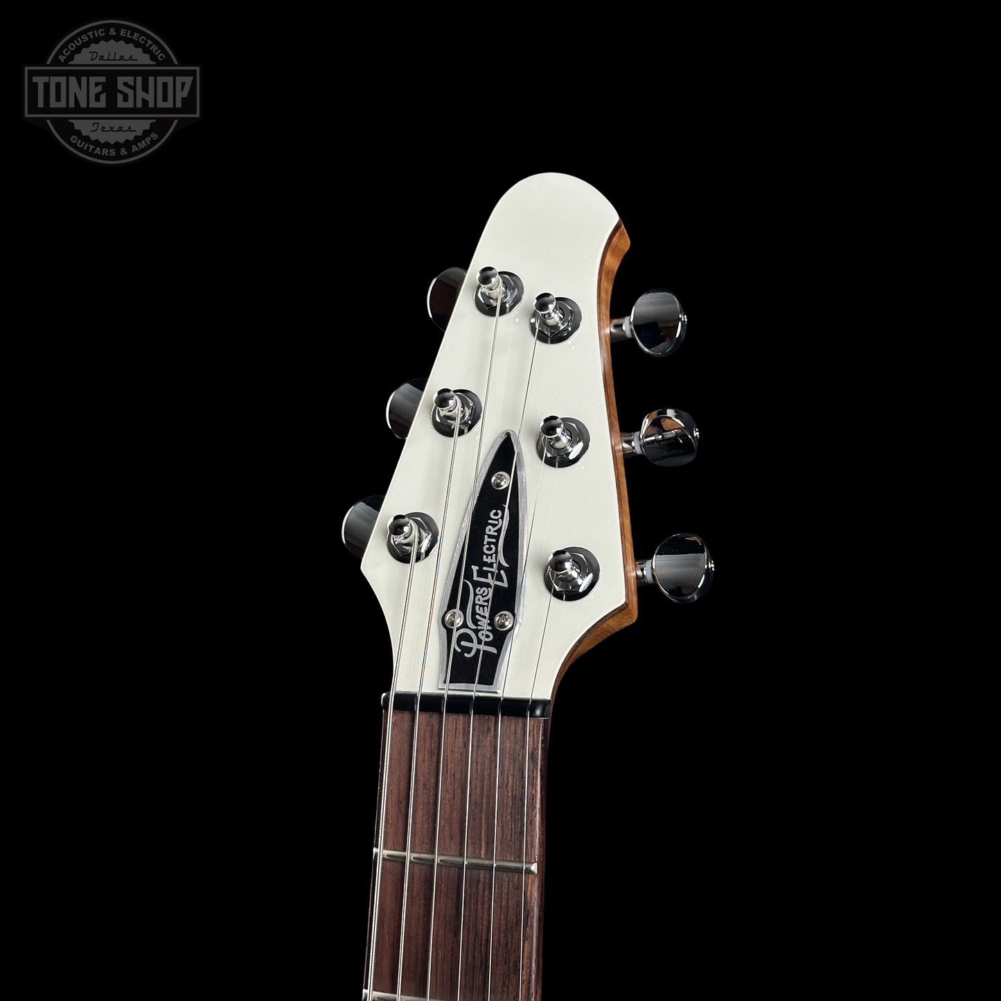 Headstock of Powers Electric A-Type Pearl White FF42 Anodized Camtail Matching Headstock B279.