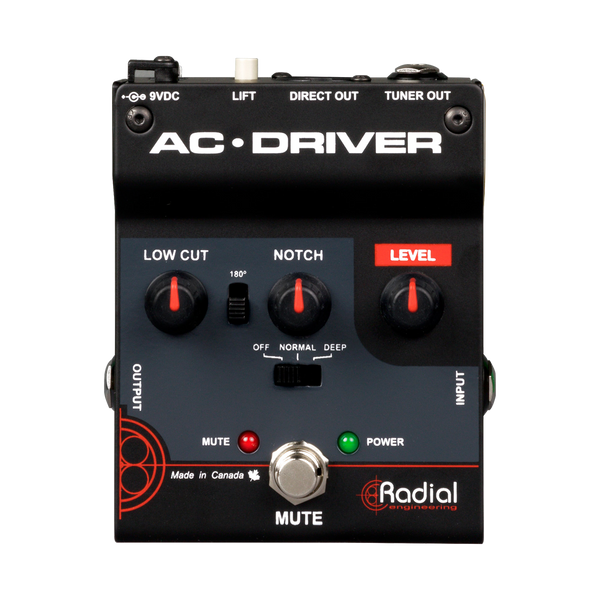 Top down of Radial AC Driver Acoustic instrument preamp w low cut and notch filter built in Radial DI.