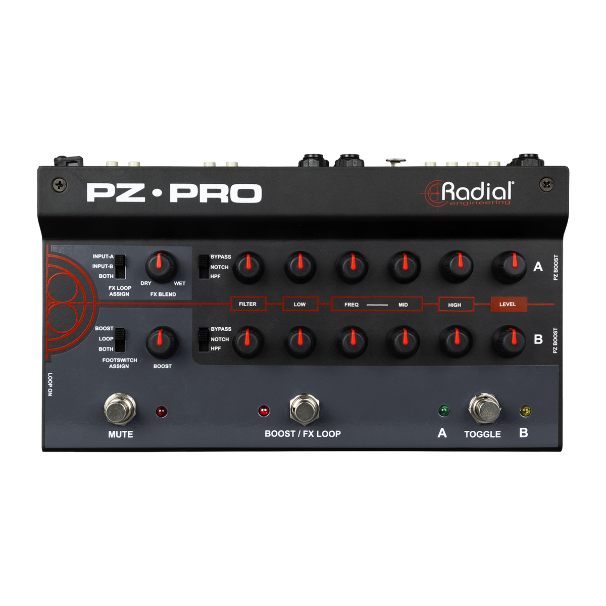 Top down of Radial PZ Pro Acoustic instrument preamp 2 ch w dual EQ 48V mic in Radial DI.