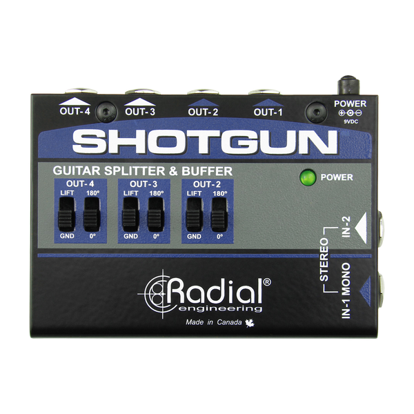Top down of Radial Shotgun Guitar distro with 1x4 mono or 2x2 stereo routing w isolated outputs.