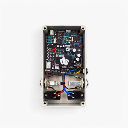 Back of JAM Pedals Rattler mk.2 with internals showing.