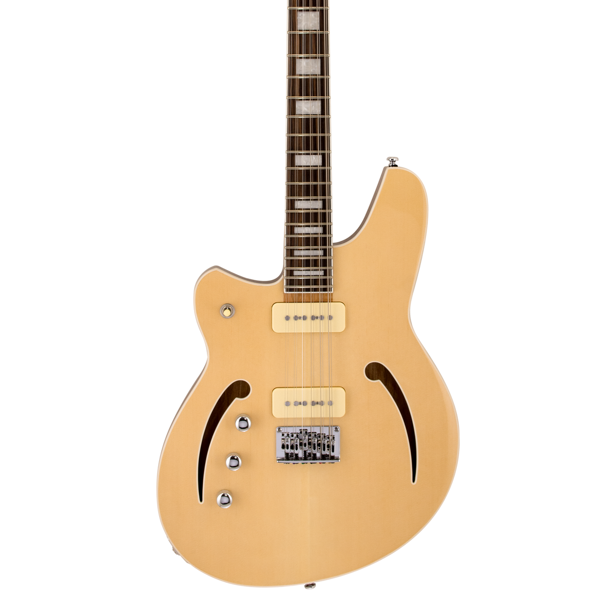 Front of Reverend Airwave Left Handed Natural.
