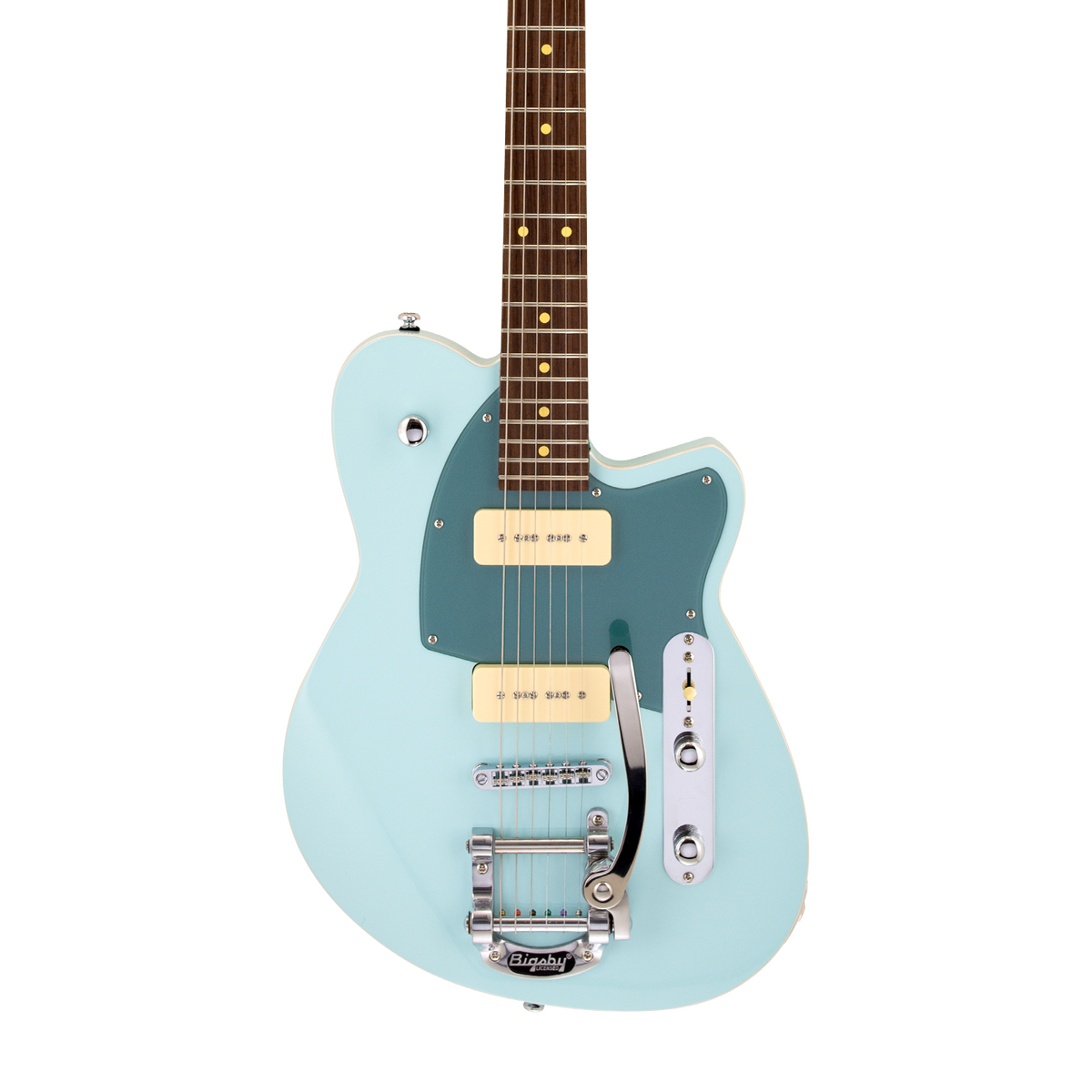 Front of Reverend Charger 290 Bigsby Chronic Blue RW.