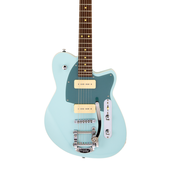 Front of Reverend Charger 290 Bigsby Chronic Blue RW.