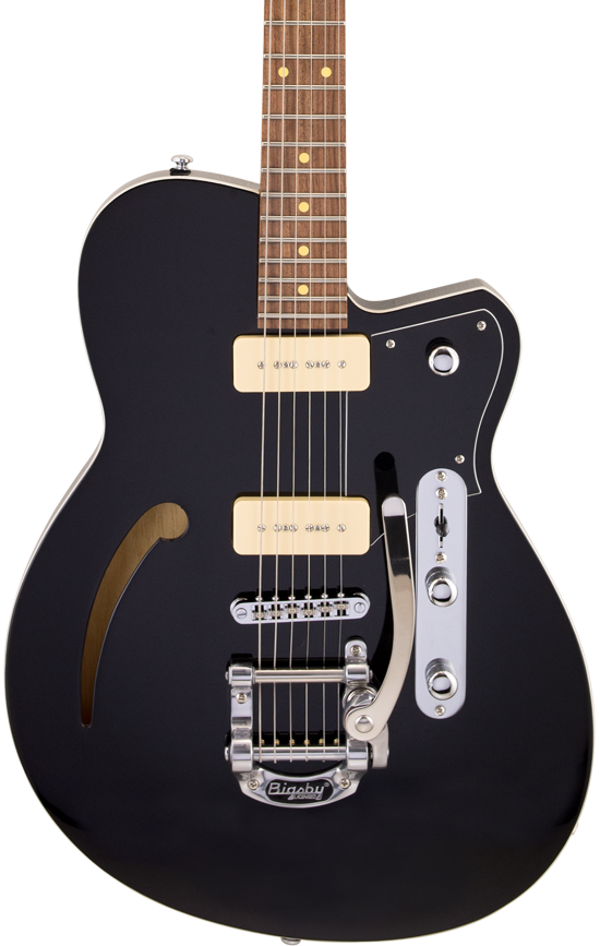 Front of Reverend Club King 290 w/Bigsby Midnight Black RW.
