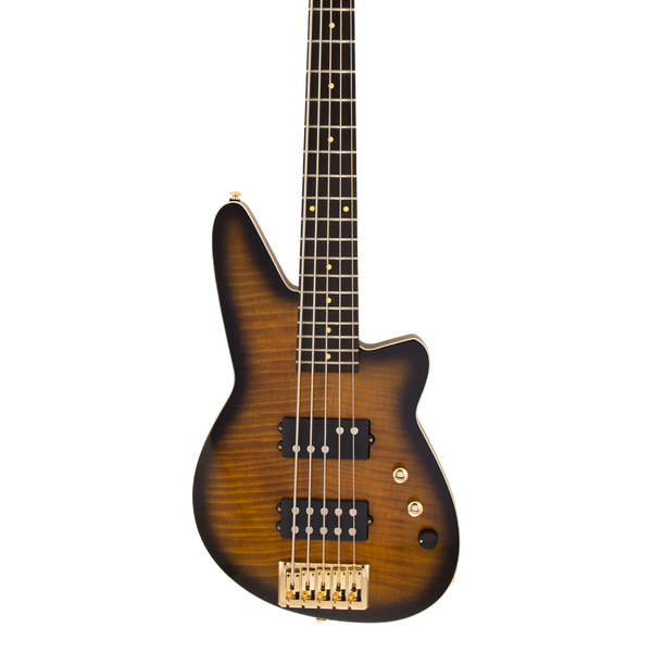 Front of Reverend Mercalli 5 FM 5-String Bass Guitar Coffee Burst.