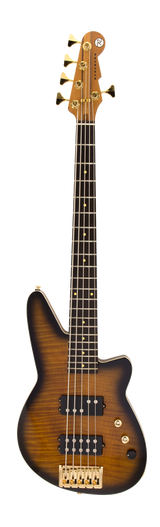 Full frontal of Reverend Mercalli 5 FM 5-String Bass Guitar Coffee Burst.