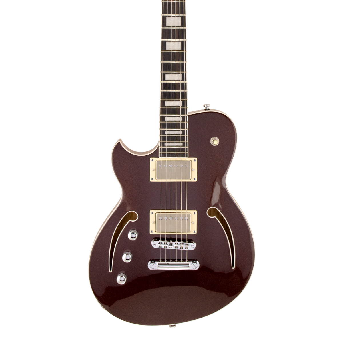 Front of Reverend Roundhouse Air HH Left Handed Metallic Bordeaux.