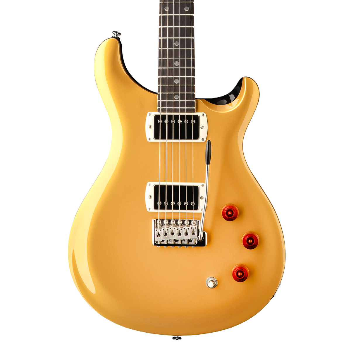 A PRS SE DGT Gold Top electric guitar with a glossy metallic gold finish, featuring a dark fretboard, chrome hardware, and three red control knobs, shown against a plain white background.